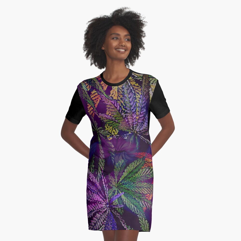 Psychedelic Marijuana Cannabis Leaves Graphic T-Shirt Dress