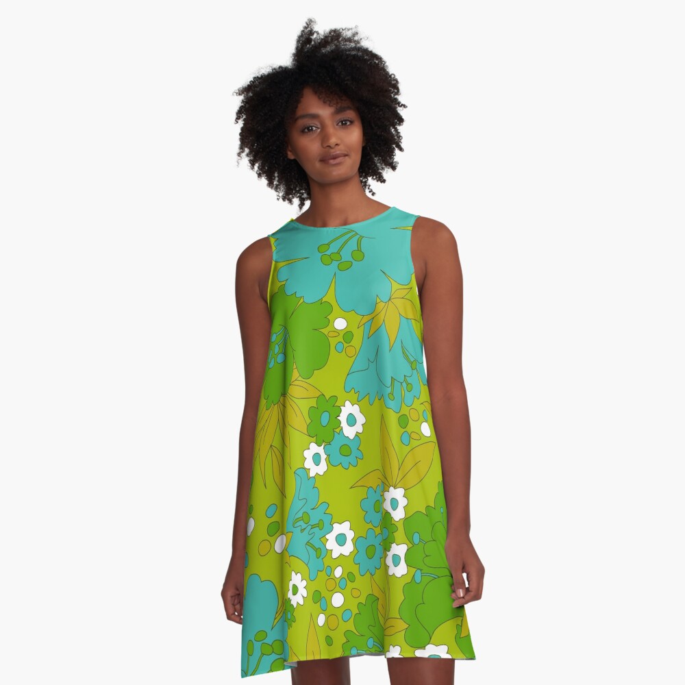 Green, Turquoise, and White Retro Flower Pattern A-Line Dress