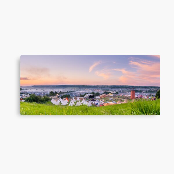 Glastonbury Festival at Sunset Panorama with Tipis Canvas Print