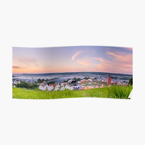 Glastonbury Festival at Sunset Panorama with Tipis Poster