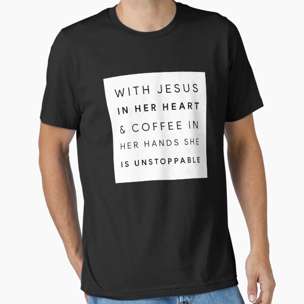 Vista previa del artículo con la obra «Con Jesús en su corazón y café en su mano, ella es imparable.», diseñado y vendido por Scoopivich.