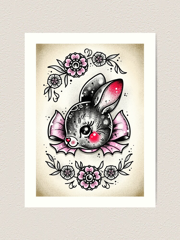 Vintage Style Bunny with Pink Bow Cute Traditional Tattoo Flash Vintage Style Bunny with Pink Bow Cute Traditional Tattoo Flash