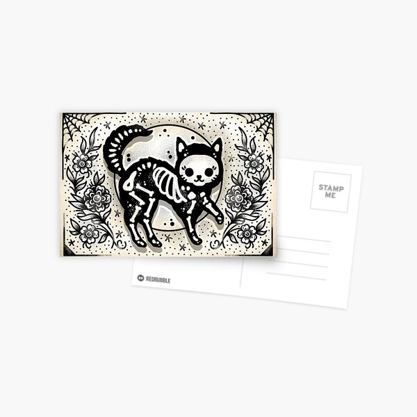 Jellybean Skeleton Cat Cute Traditional Tattoo Flash Postcard