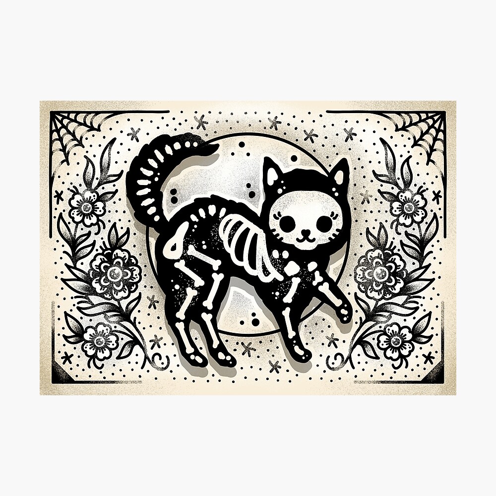 Greeting card with cats skeletons tattoo Vector Image
