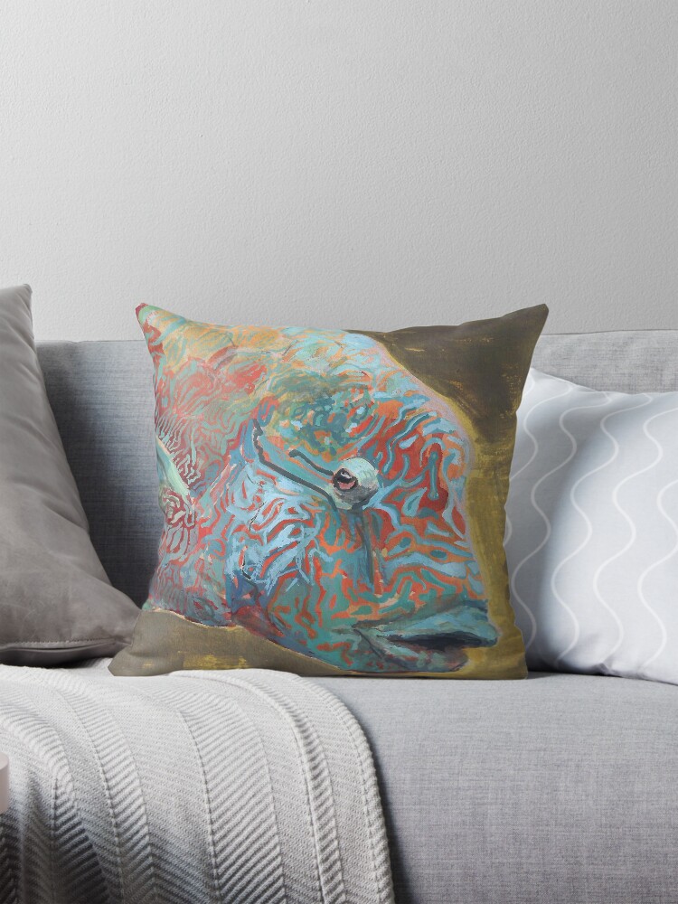 Thumbnail 1 of 4, Pillow, Endangered animal Alphabet - Humphead Wrasse designed and sold by EricaBottger.