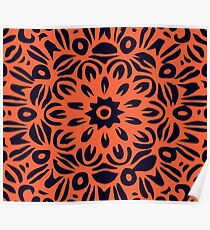 Floral Burst, Dark Blue & Orange Mandala 1 Poster