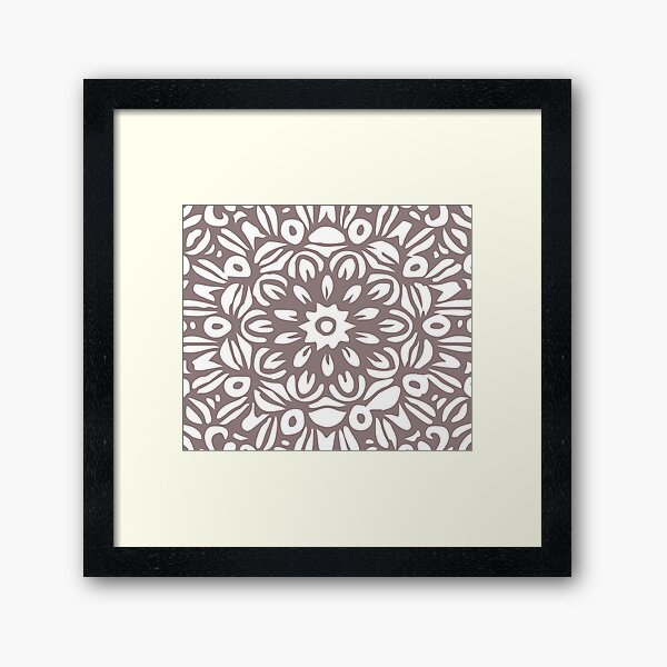 Floral Burst, White & Grey Mandala 5 Framed Art Print