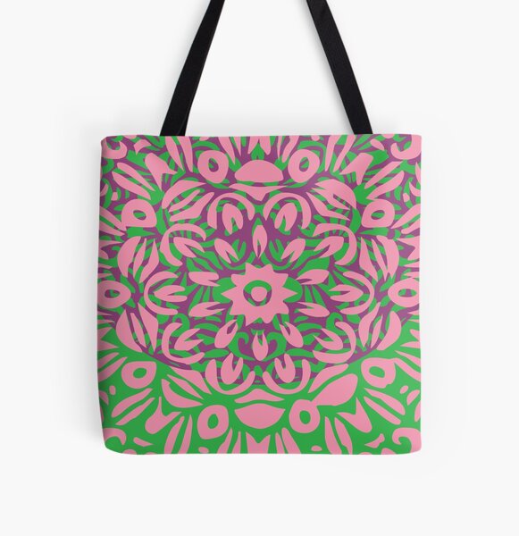 Floral Burst, Light Pink, Purple & Green Mandala 7 All Over Print Tote Bag