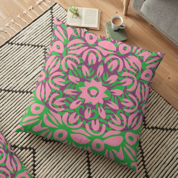 Floral Burst, Light Pink, Purple & Green Mandala 7 Floor Pillow
