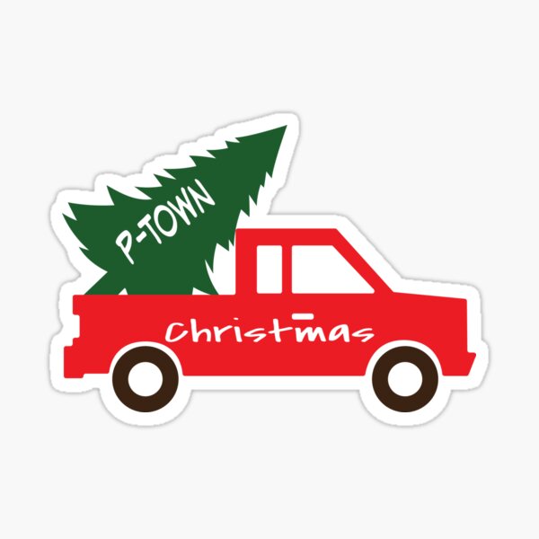 "PTown Christmas Happy Holidays Red Pick Up Truck with Tree" Sticker