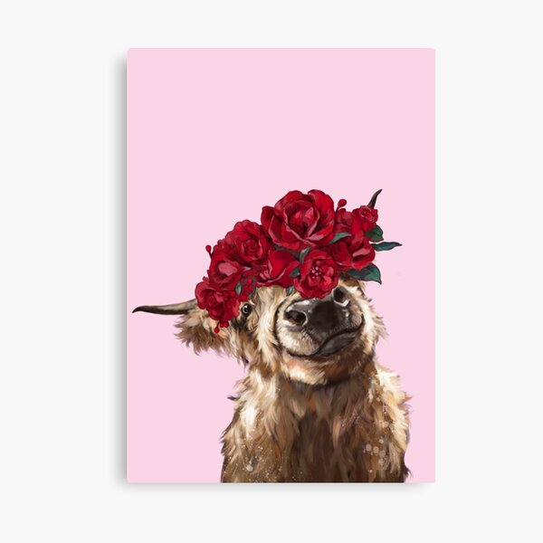 Highland Cown with Rose Crown in Pink Canvas Print
