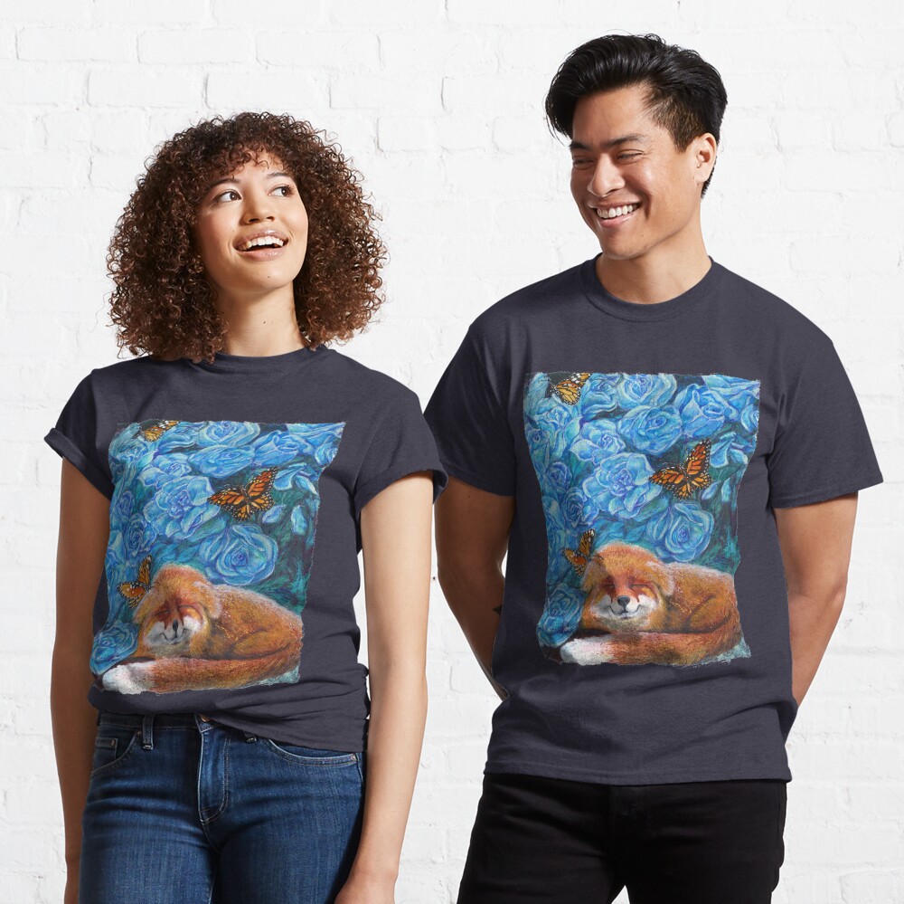 Crisp Summer Morning: Blue Roses, Fox, Monarch Butterflies Classic T-Shirt