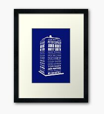 Police Box Names - Reverse Chronological Whittaker to Hartnell in white Framed Print