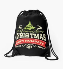 Vintage Retro Holly Jolly Merry Christmas Happy Holidays Drawstring Bag