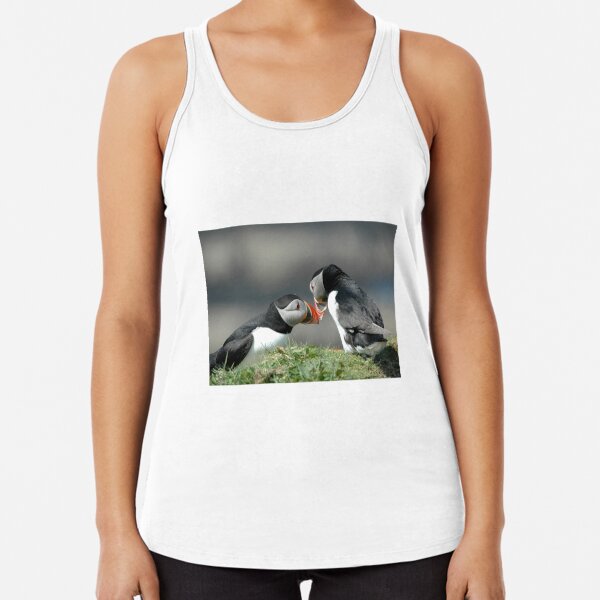 Puffins welcoming each other home Racerback Tank Top