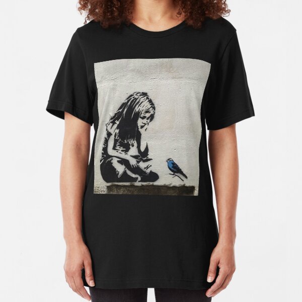 Banksy Girl with Blue Bird Slim Fit T-Shirt