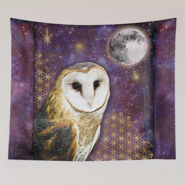 Item preview, Magical owl sacred geometry tapestry gold stars watercolor moon tapestry moon and owl designed and sold by Abigail Jacques.