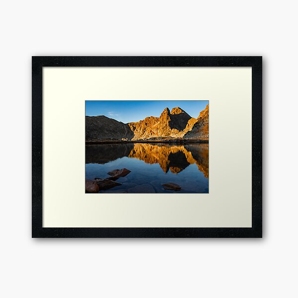Morning on the mountain lake shore Framed Art Print