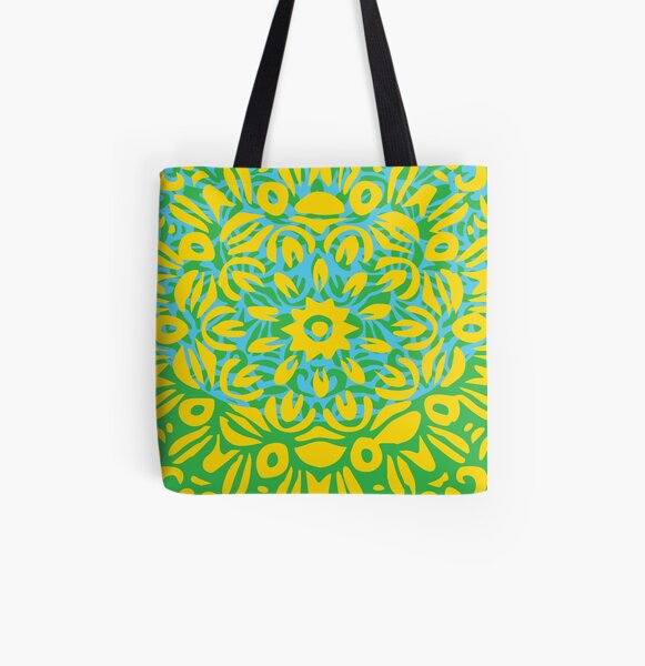 Floral Burst, Yellow, Turquoise & Green Mandala 13 All Over Print Tote Bag