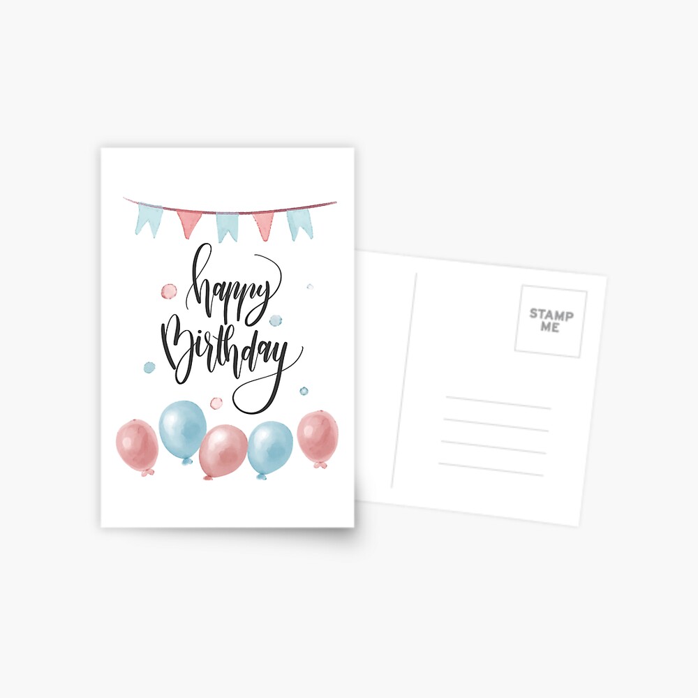 "Happy Birthday Card Cute Watercolor Blue and Pink Pastel Fun Gift " Postcard for Sale by