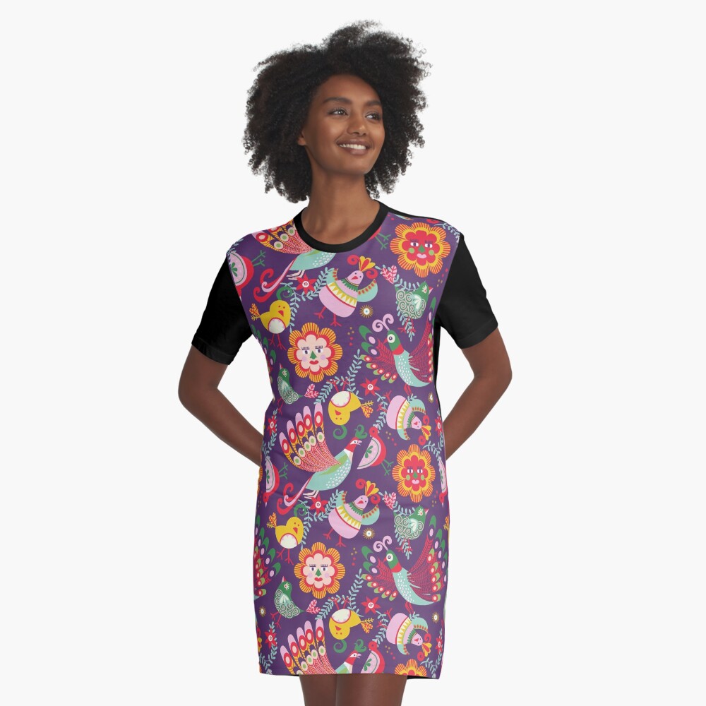 scandinavian folkart birdies | purple Graphic T-Shirt Dress