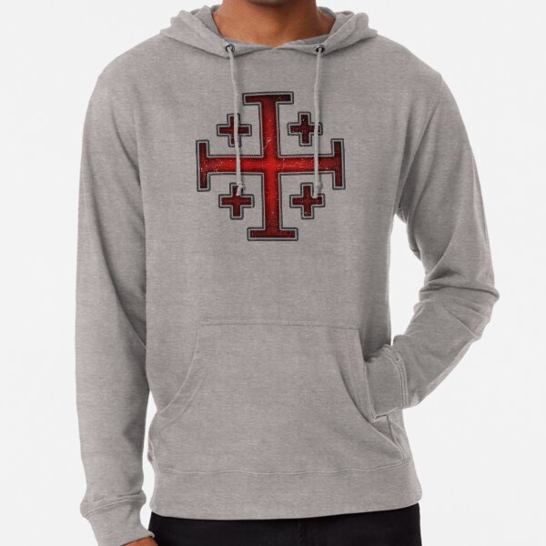 Deus Vult Crusader Knight Templar Jerusalem Cross dark red grunge eroded style on dark gray background HD HIGH QUALITY ONLINE STORE Lightweight Hoodie
