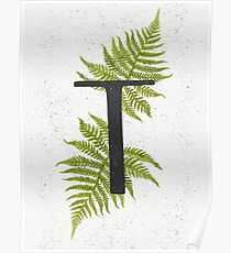 Black letter T monogram with green watercolor fern on beige background. Poster