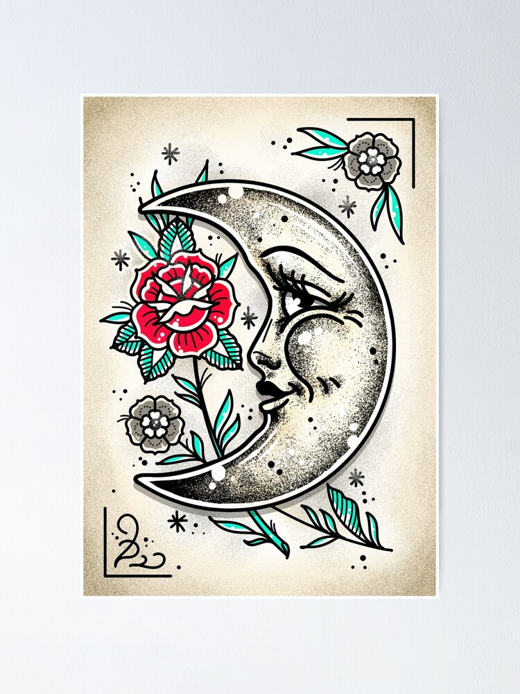 Happy Crescent Moon Face Vintage Style Cute Traditional Tattoo Flash Happy Crescent Moon Face Vintage Style Cute Traditional Tattoo Flash