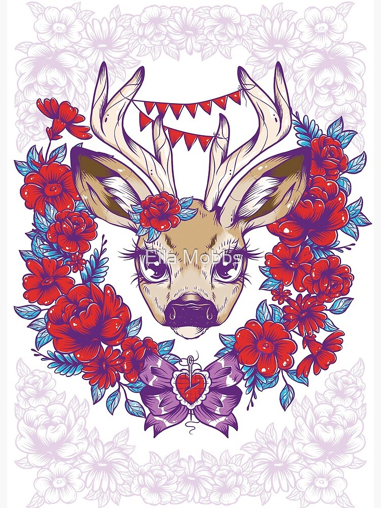 Cute Deer Bambi Wreath Festival Traditional Tattoo Flash