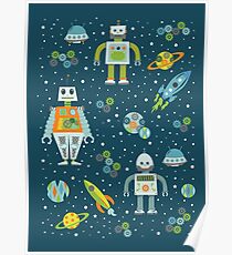 Robots in Space - Blue + Green Poster