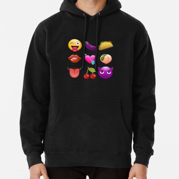 "Naughty emojis eggplant, taco, peach, lips, tongue, wink, horny devil, cherries" Pullover