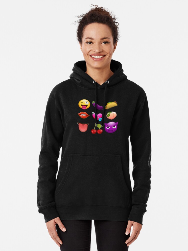 "Naughty emojis eggplant, taco, peach, lips, tongue, wink, horny devil, cherries" Pullover