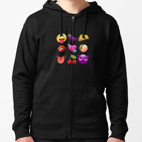 "Naughty emojis eggplant, taco, peach, lips, tongue, wink, horny devil, cherries" Zipped Hoodie
