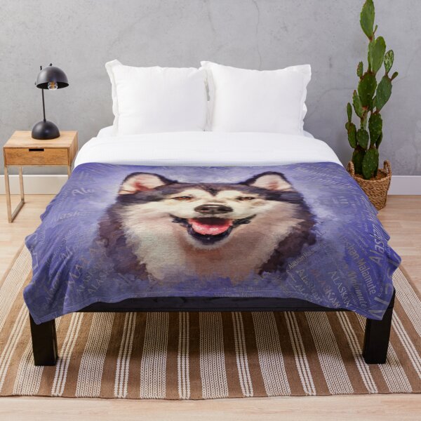 Alaskan Malamute Portrait on word cloud Throw Blanket