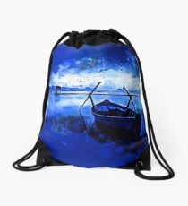 sunrise boat silence watercolor splatters cool blue Drawstring Bag