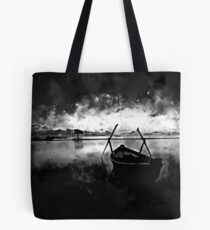 sunrise boat silence watercolor splatters black white Tote Bag