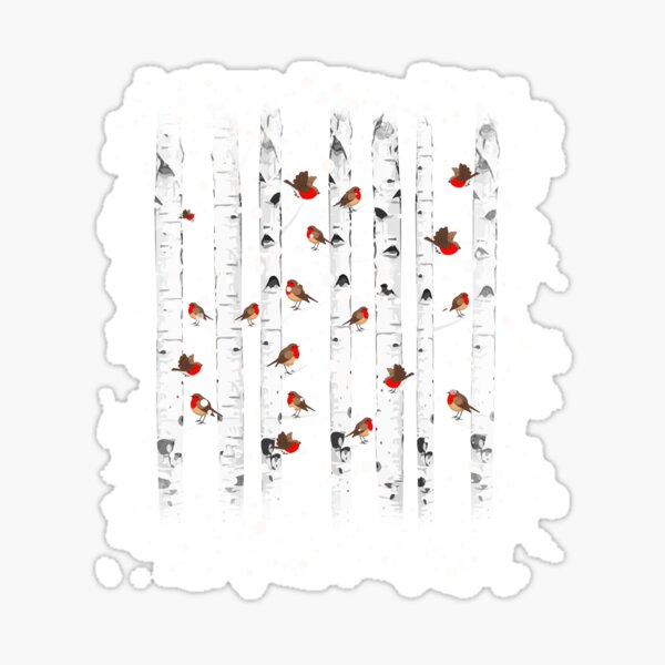 Item preview, Birch trees snow forest and robin bird, this is redbreast in winter forest, perfect for natura lovers designed and sold by Collagedream.