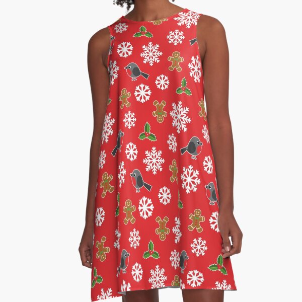 Christmas / Winter Robin Holly Gingerbread Man Snowflakes Pattern Red A-Line Dress