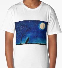 Starry Blues Original Watercolor Painting. Howling Wolf. Long T-Shirt