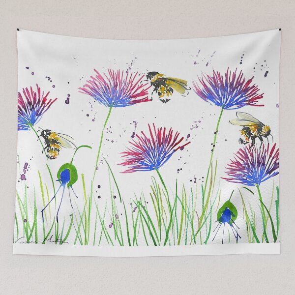 Item preview, Bumble bees on blue and pink flowers designed and sold by Casimirasart.