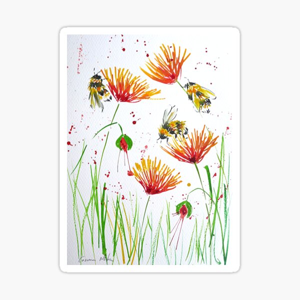 Bumble bees and red and yellow flowers Sticker