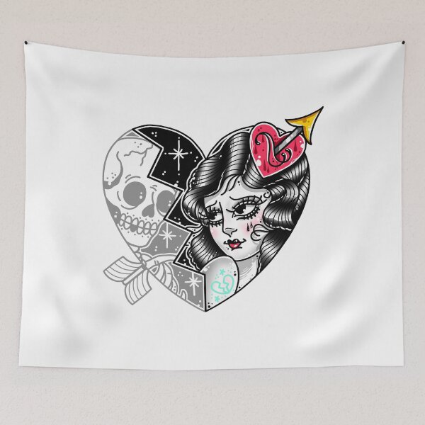 Item preview, Broken Heart Lady with Skull and Arrow Tattoo Flash designed and sold by Ella Mobbs.