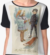 Happy New Year, elementary age, appy, wew, year, illustration, painting, art, lithograph, veil, two, real people, vertical, color image, females, pattern, clothing, retro style, old-fashioned Chiffon Top