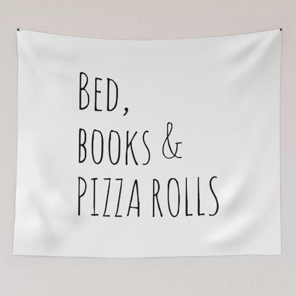 Item preview, bed, books and PIZZA ROLLS designed and sold by FandomizedRose.
