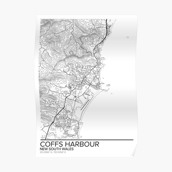 Coffs Harbour map poster print wall art, New South Wales gift printable, Home and Nursery, Modern map decor for office, Map Art, Map Gifts Poster