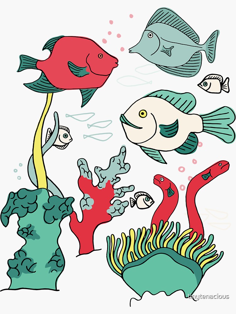 Thumbnail 3 of 3, Sticker, Ocean Floor Fishes - Red and Green designed and sold by tinytenacious.