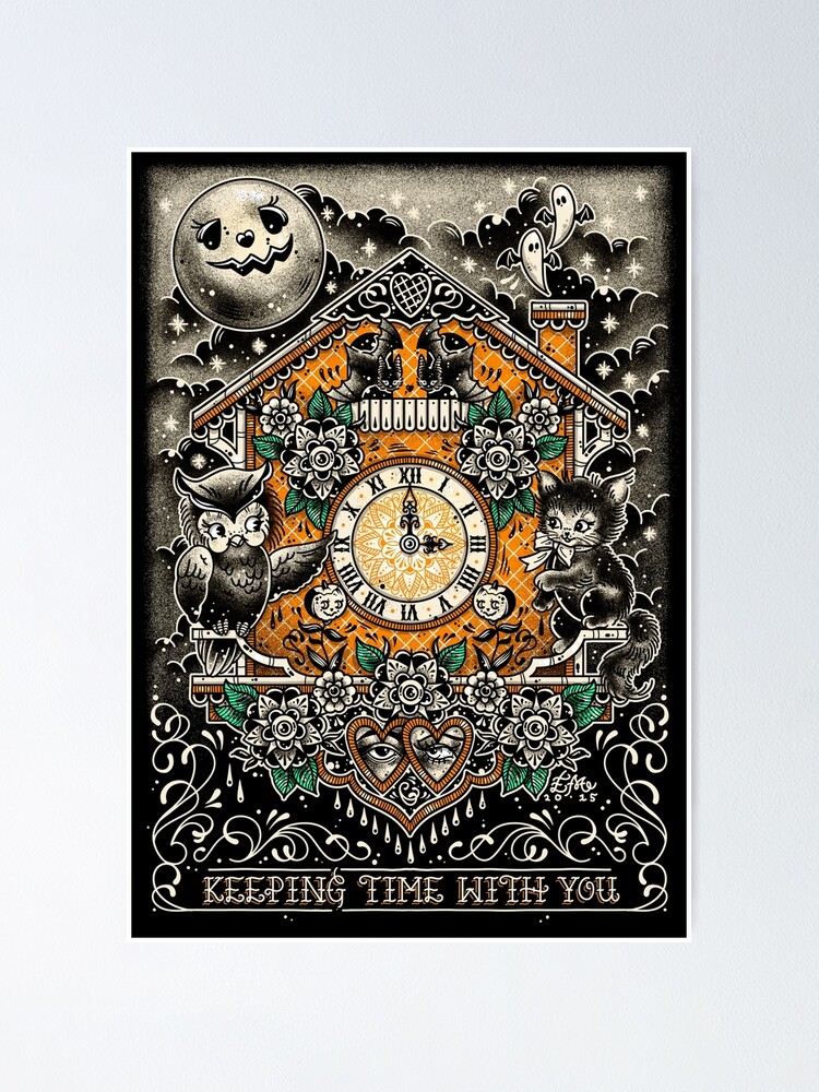 "Keeping Time Halloween Cuckoo Clock Tattoo Flash" Poster by ellamobbs
