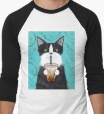 Tuxedo Cat with Iced Coffee Baseball ¾ Sleeve T-Shirt