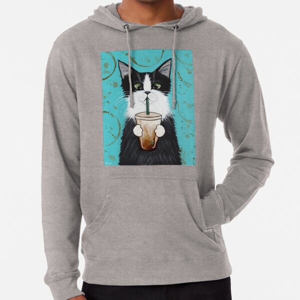 Tuxedo Cat with Iced Coffee Lightweight Hoodie