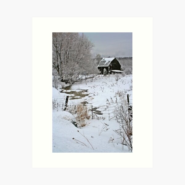 Snow, barn and creek Art Print